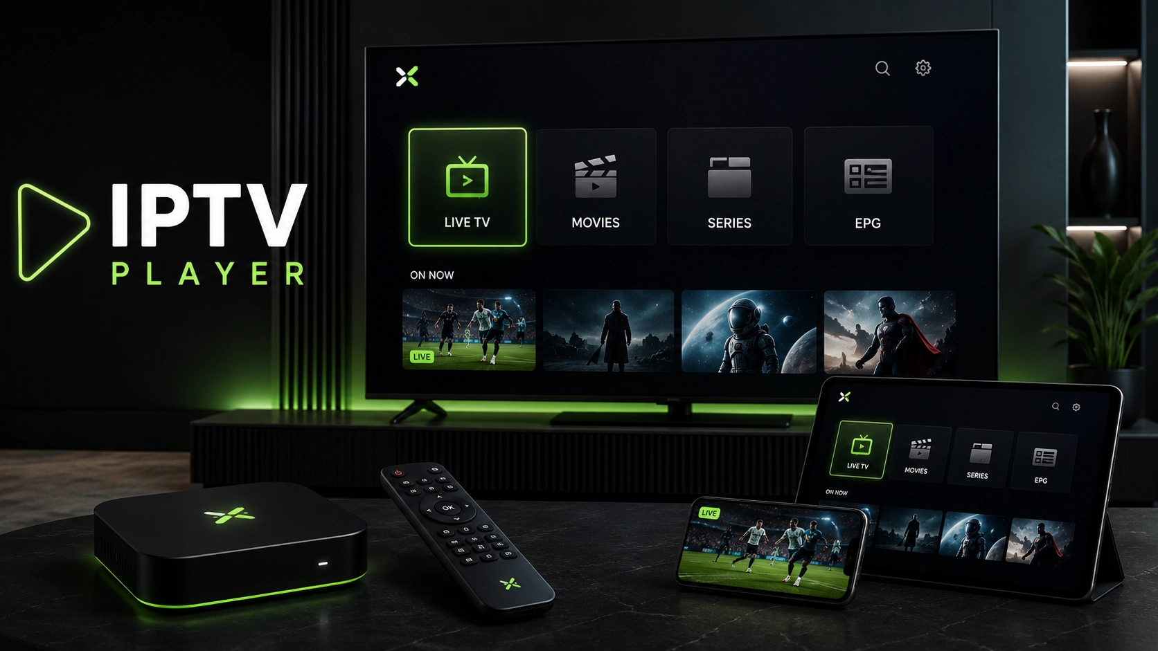 IPTV Player Oberfläche mit Senderkategorien und Programmübersicht